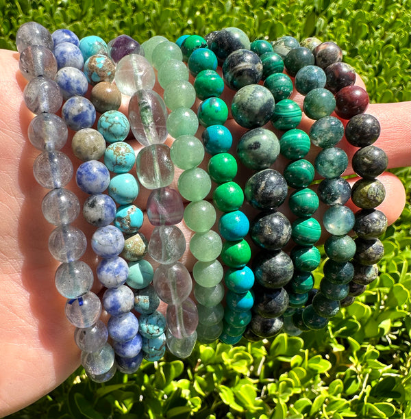 malachite, labradorite, dragons blood, turquoise, sodalite and fluorite crystal bracelets at the serenity space